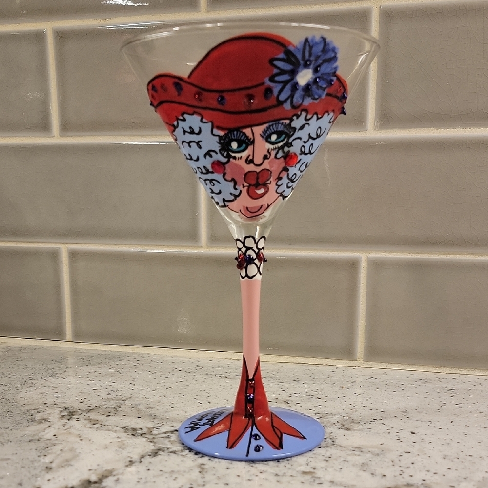 💗 Hand-Painted “RED HAT MOMMA” Red Hat Society type Design Martini Glass Purple